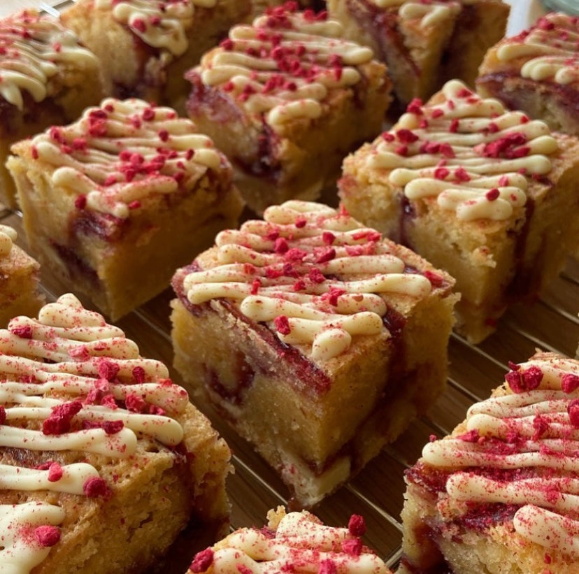 Raspberry, almond and white chocolate blondies.